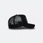 Black DopeDreamz Interlude Noir trucker cap side view with black mesh panels