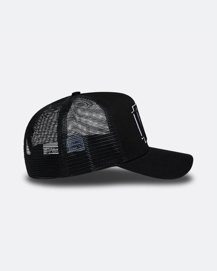 Black DopeDreamz Interlude Noir trucker cap side view with black mesh panels