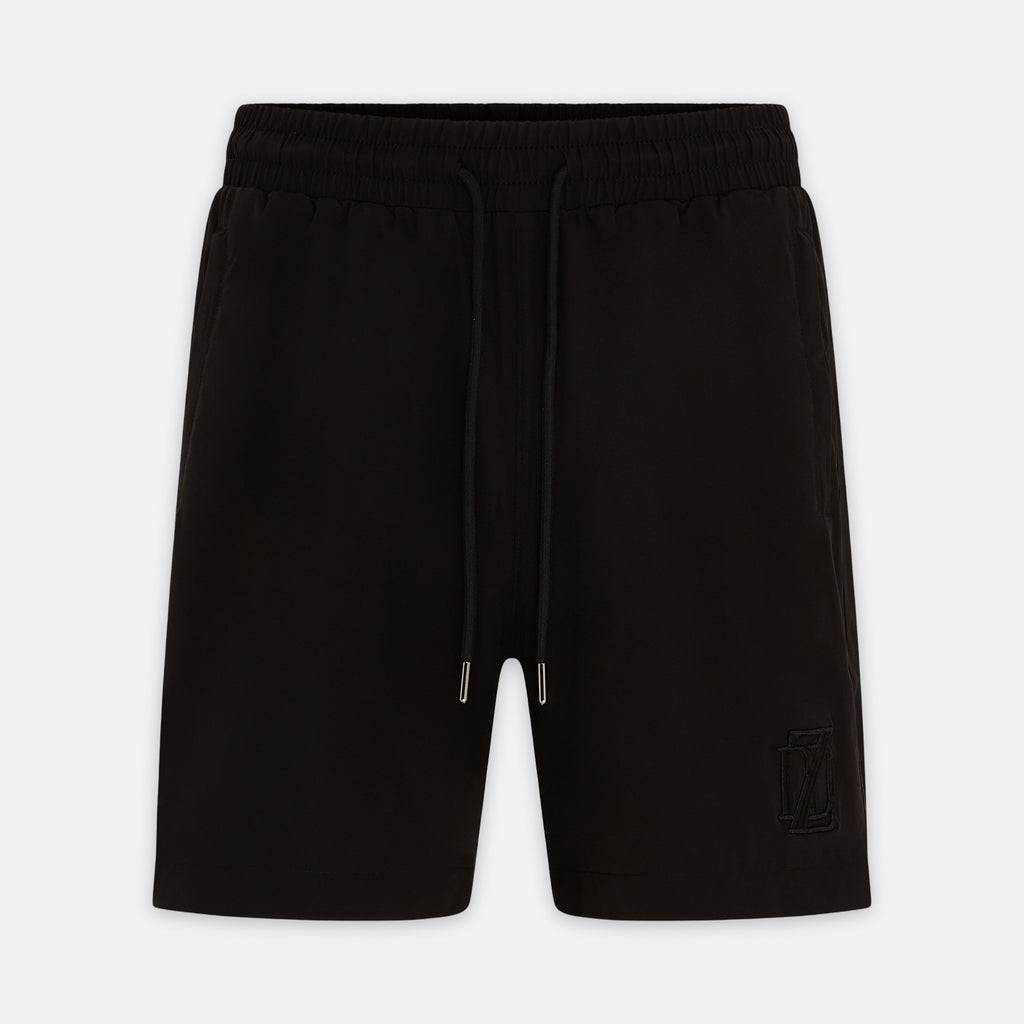     Black DopeDreamz Interlude Noir shorts front view with black embroidered DDZ logo