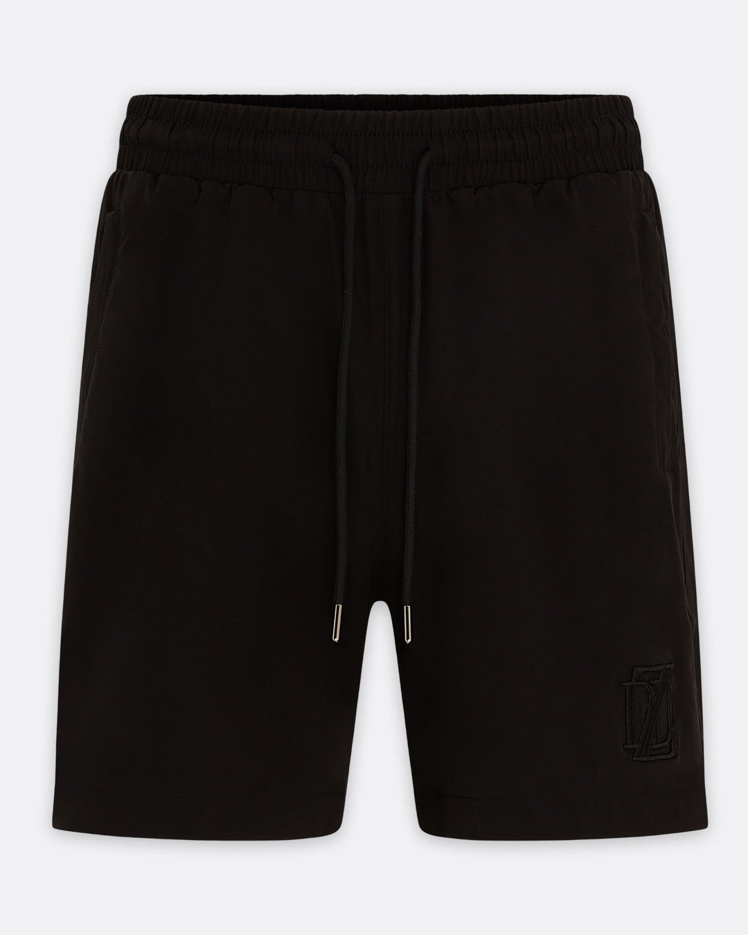     Black DopeDreamz Interlude Noir shorts front view with black embroidered DDZ logo