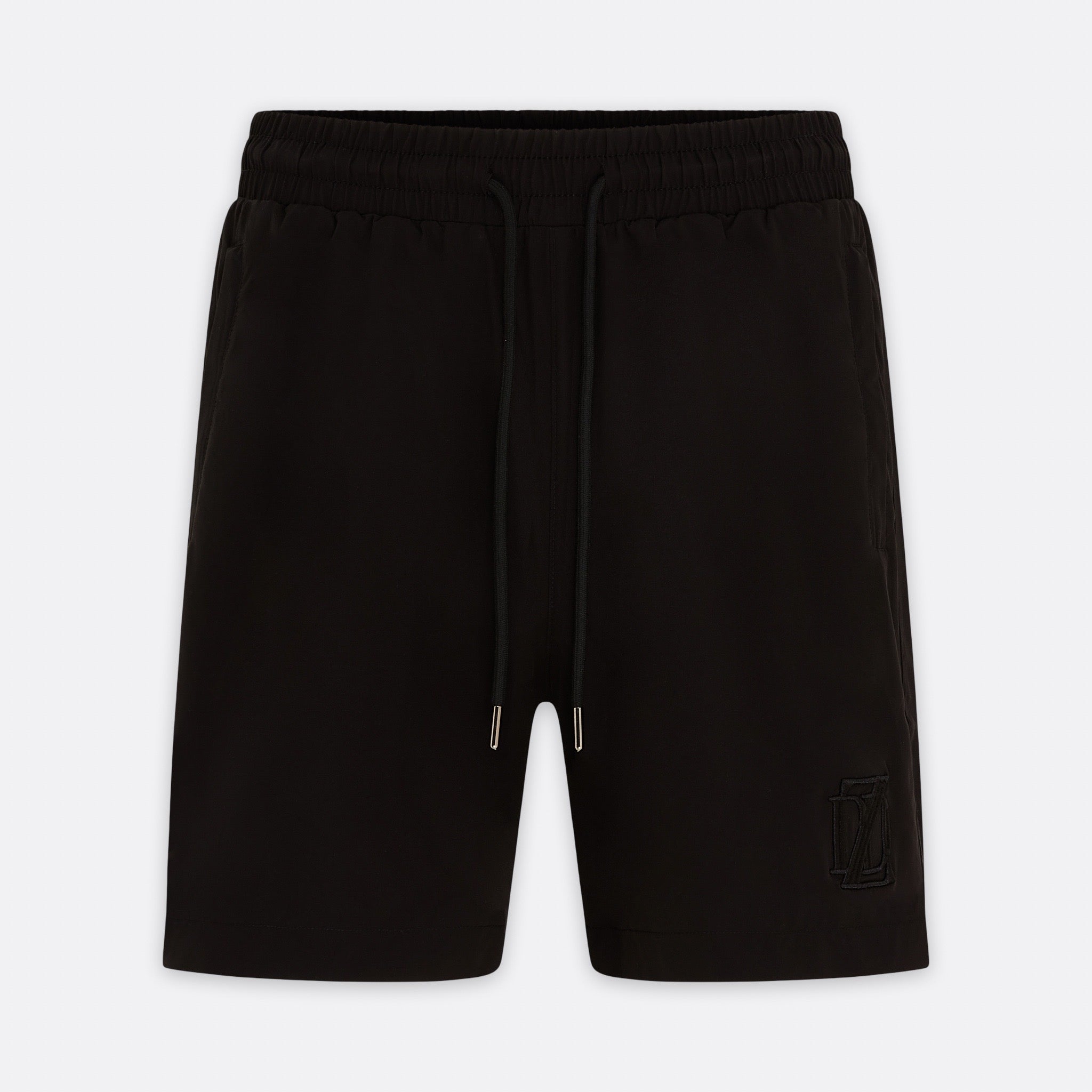     Black DopeDreamz Interlude Noir shorts front view with black embroidered DDZ logo