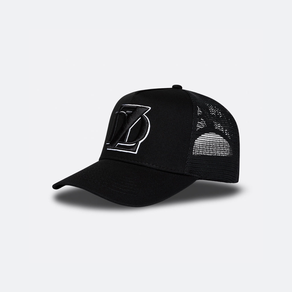 Black DopeDreamz Interlude Noir trucker cap angled front view with black embroidered DDZ logo