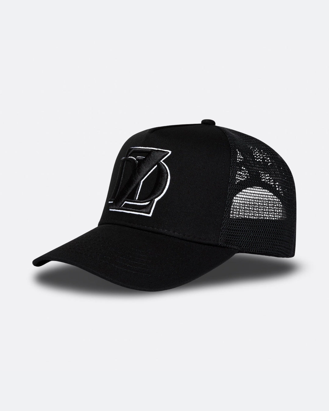 Black DopeDreamz Interlude Noir trucker cap angled front view with black embroidered DDZ logo