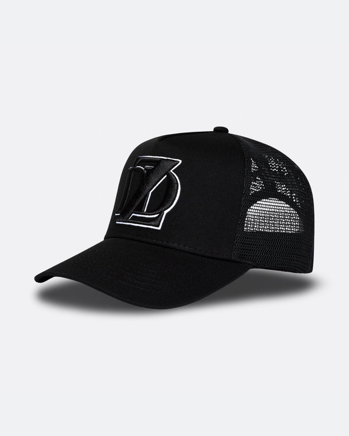 Black DopeDreamz Interlude Noir trucker cap angled front view with black embroidered DDZ logo