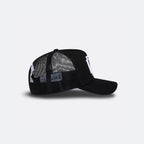 Black DopeDreamz Interlude Noir trucker cap side view with black mesh panels