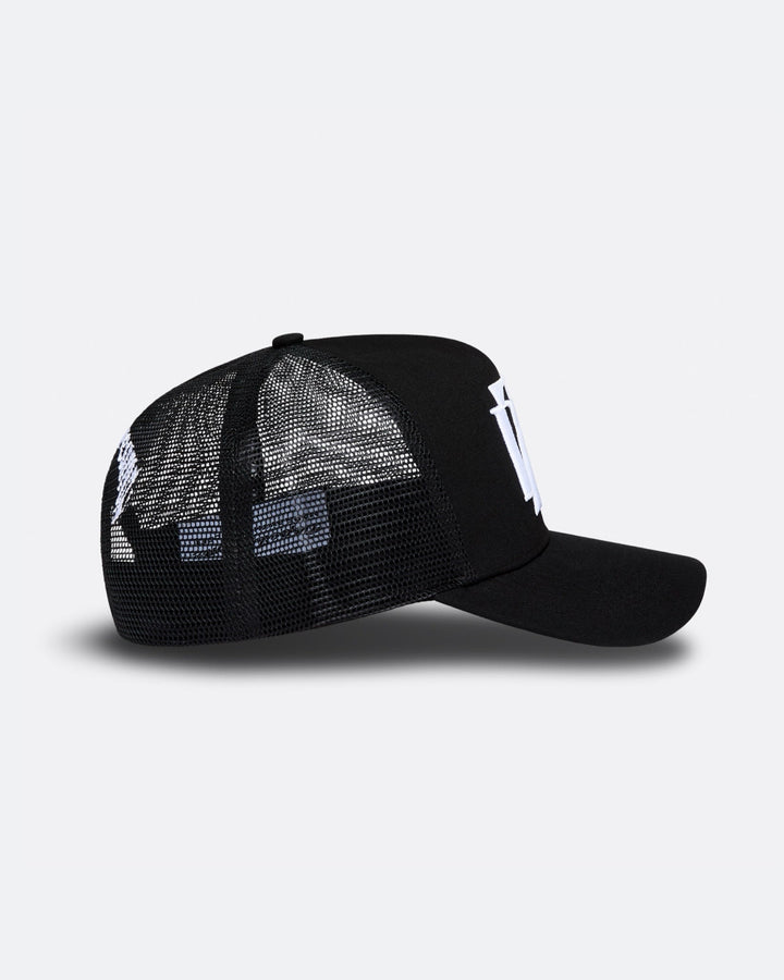 Black DopeDreamz Interlude Noir trucker cap side view with black mesh panels