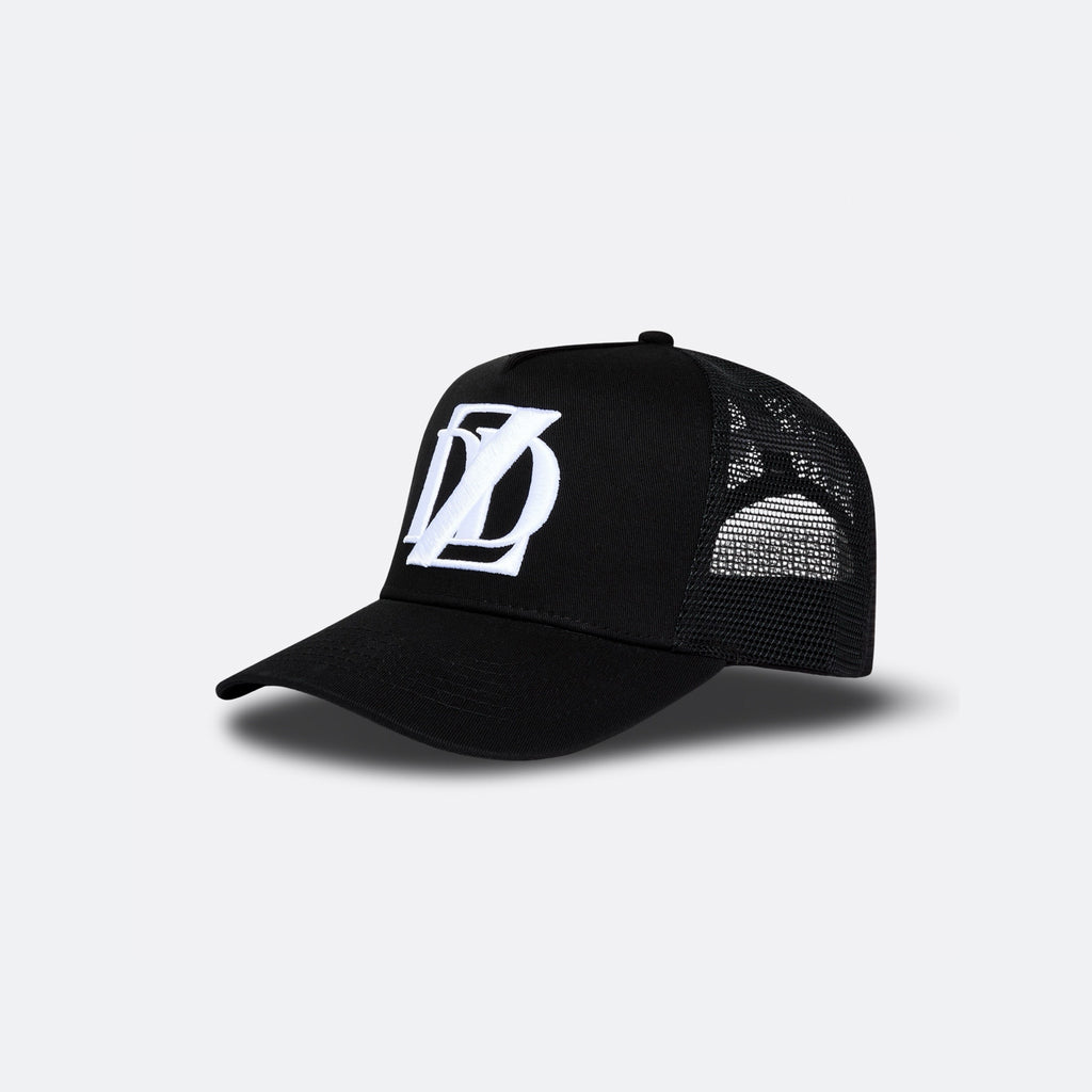 Black DopeDreamz Interlude Noir trucker cap angled front view with white embroidered DDZ logo