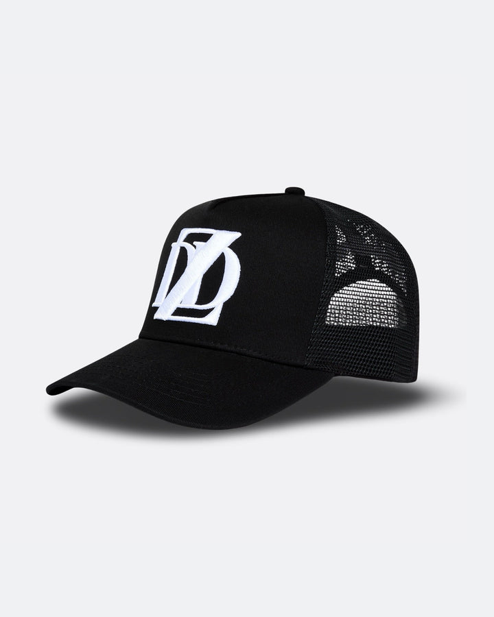 Black DopeDreamz Interlude Noir trucker cap angled front view with white embroidered DDZ logo