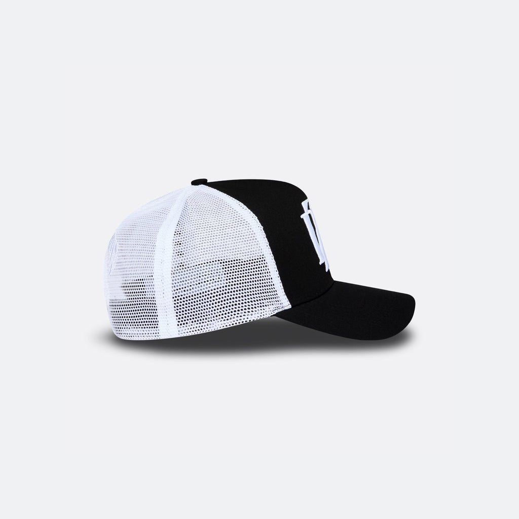  Black and white DopeDreamz Interlude Noir trucker cap side view with white mesh panels