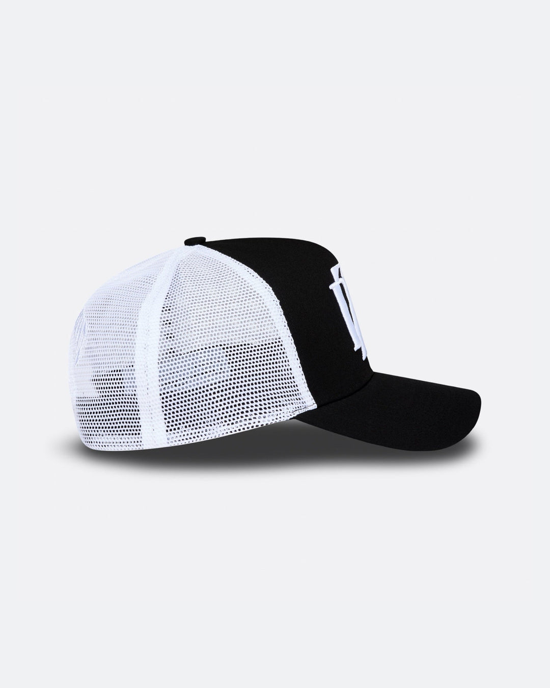  Black and white DopeDreamz Interlude Noir trucker cap side view with white mesh panels