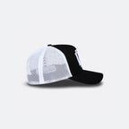  Black and white DopeDreamz Interlude Noir trucker cap side view with white mesh panels