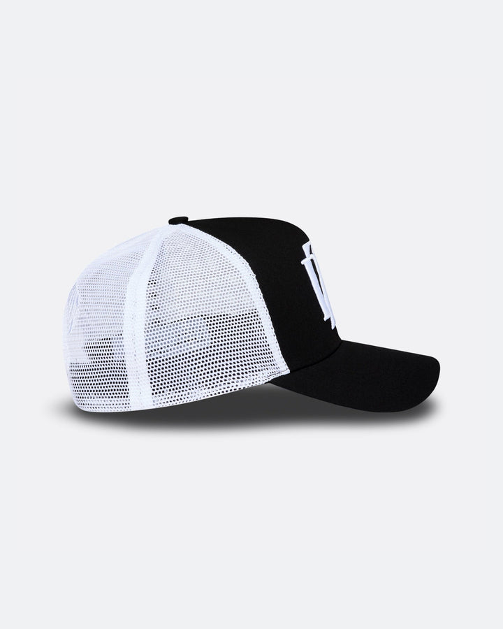  Black and white DopeDreamz Interlude Noir trucker cap side view with white mesh panels