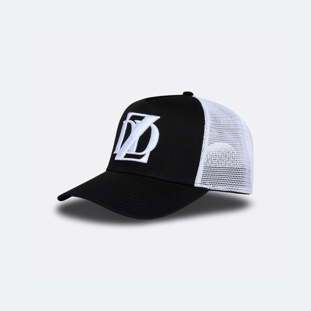 Black and white DopeDreamz Interlude Noir trucker cap angled front view with white embroidered DDZ logo