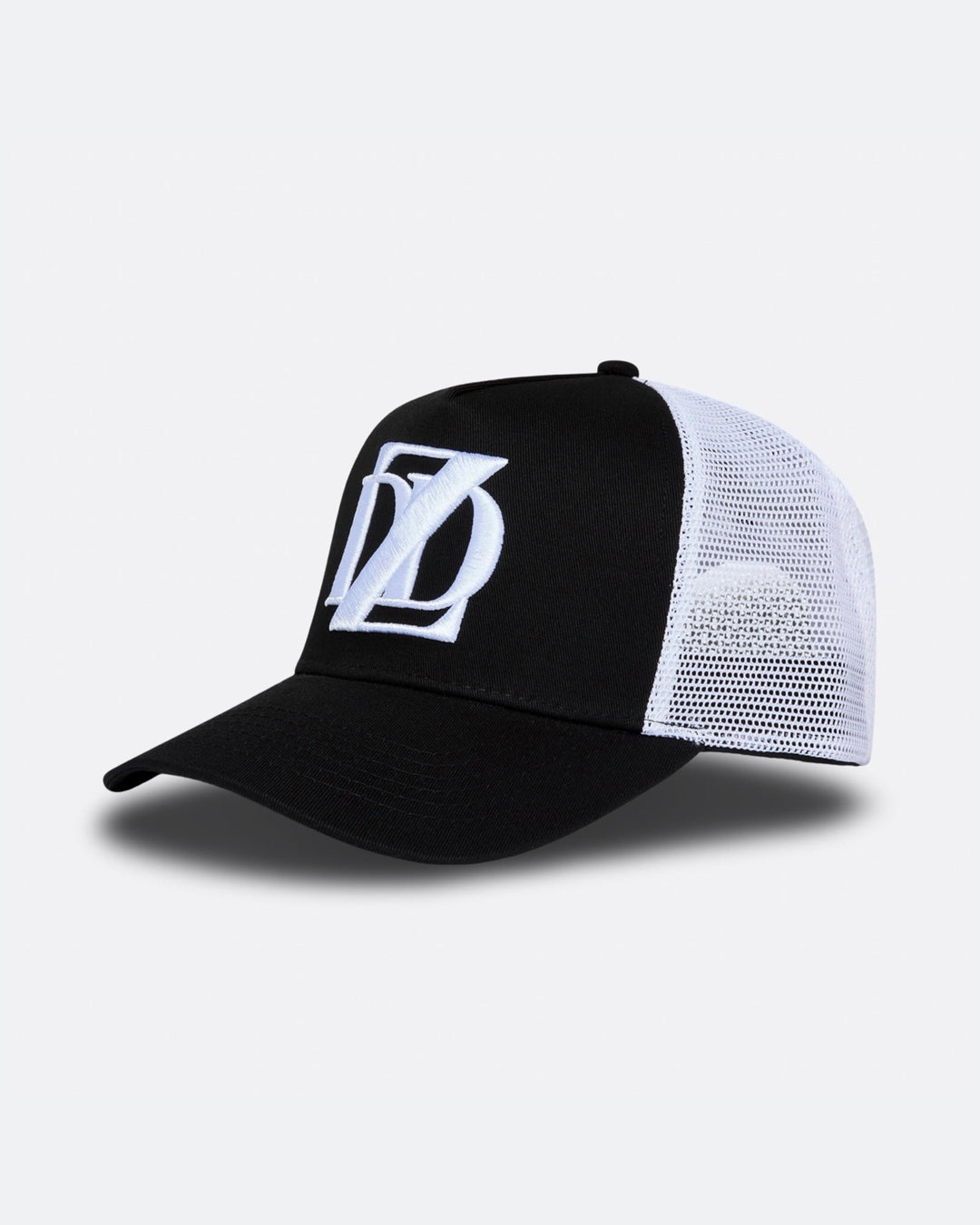 Black and white DopeDreamz Interlude Noir trucker cap angled front view with white embroidered DDZ logo