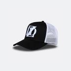 Black and white DopeDreamz Interlude Noir trucker cap angled front view with white embroidered DDZ logo