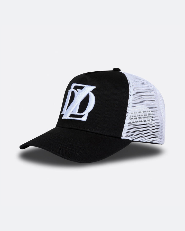Black and white DopeDreamz Interlude Noir trucker cap angled front view with white embroidered DDZ logo