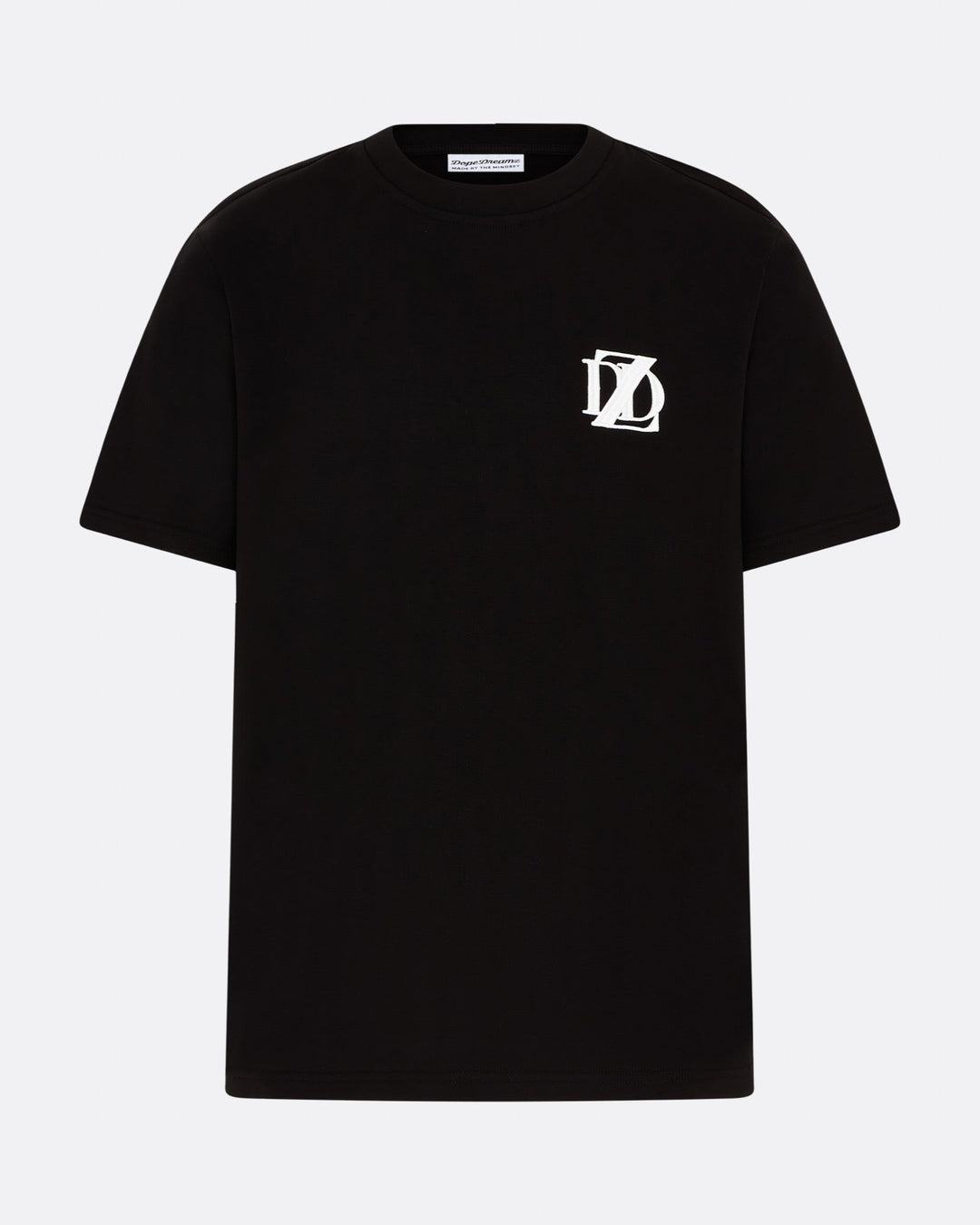     Black DopeDreamz Interlude Noir T-shirt front view with white embroidered DDZ logo