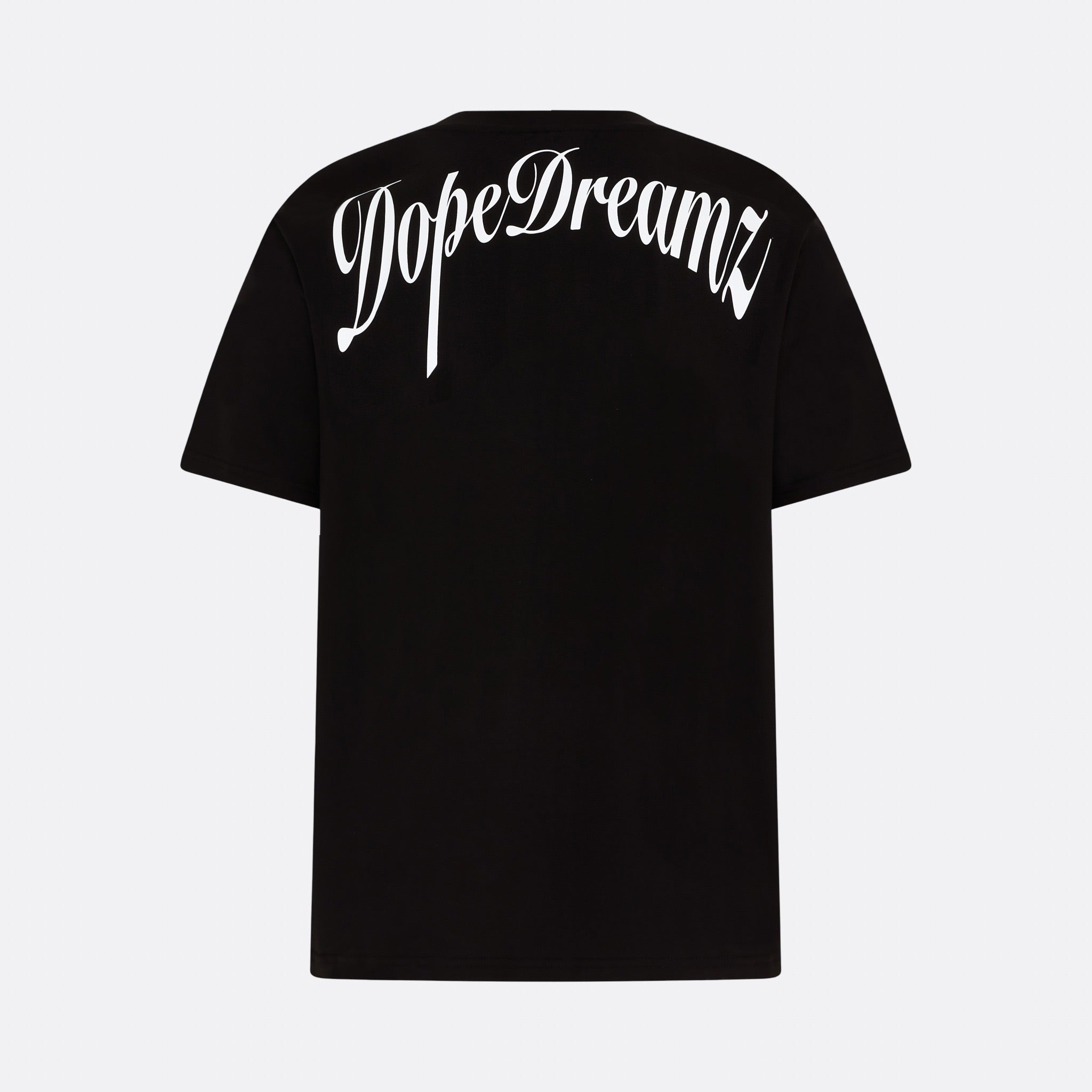     Black DopeDreamz Interlude Noir T-shirt back view with white DopeDreamz script logo