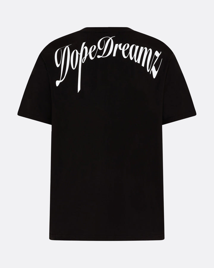     Black DopeDreamz Interlude Noir T-shirt back view with white DopeDreamz script logo