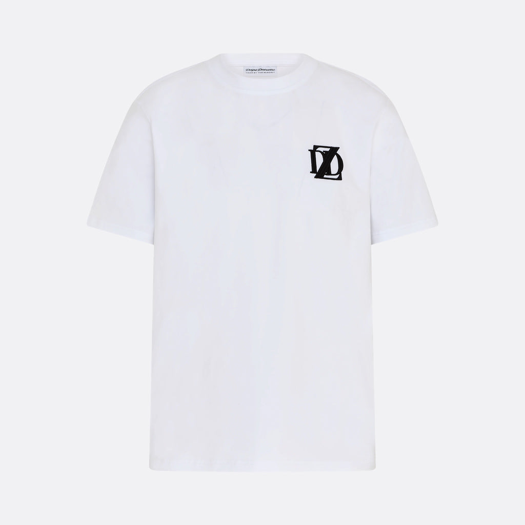     White DopeDreamz Interlude Noir T-shirt front view with black embroidered DDZ logo