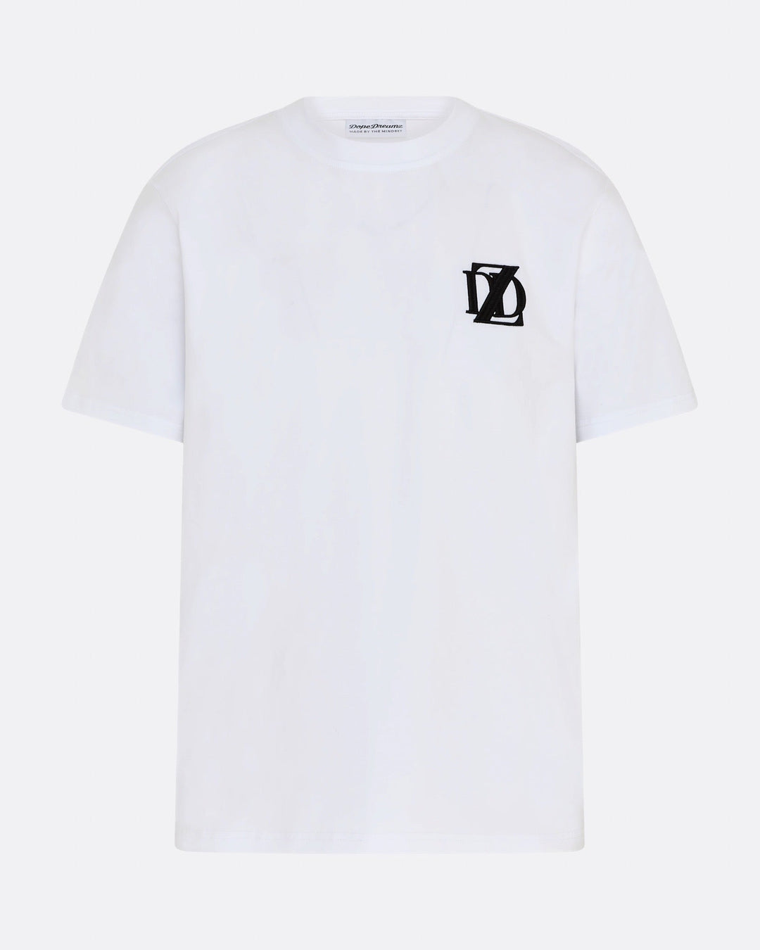     White DopeDreamz Interlude Noir T-shirt front view with black embroidered DDZ logo