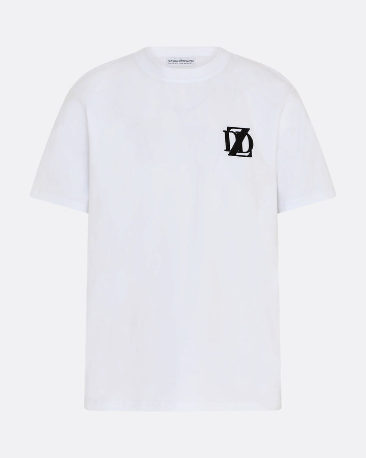     White DopeDreamz Interlude Noir T-shirt front view with black embroidered DDZ logo