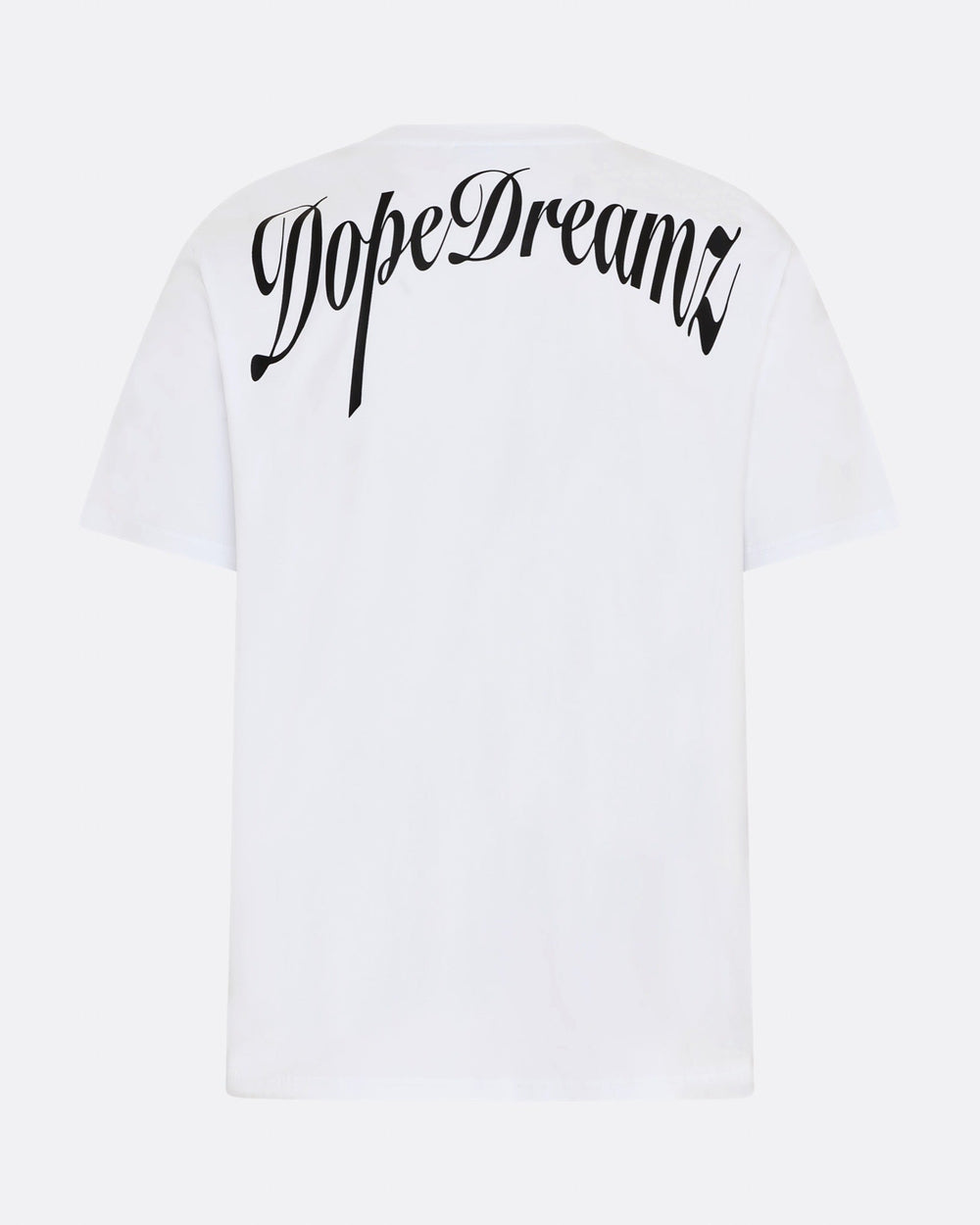     White DopeDreamz Interlude Noir T-shirt back view with black DopeDreamz script logo