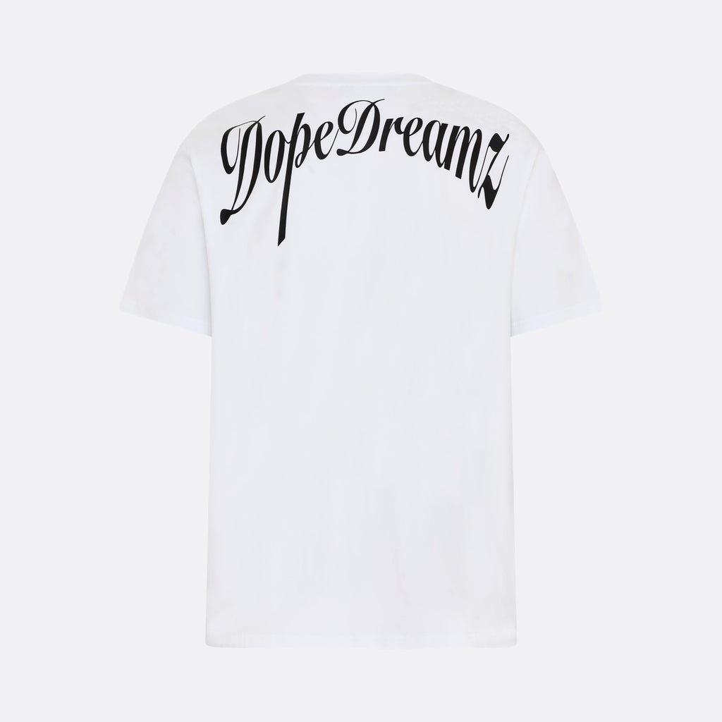     White DopeDreamz Interlude Noir T-shirt back view with black DopeDreamz script logo