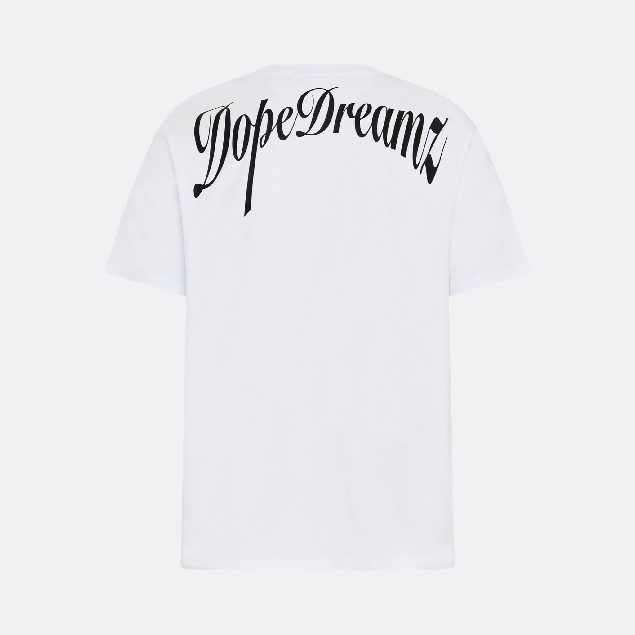     White DopeDreamz Interlude Noir T-shirt back view with black DopeDreamz script logo