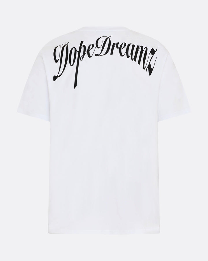     White DopeDreamz Interlude Noir T-shirt back view with black DopeDreamz script logo