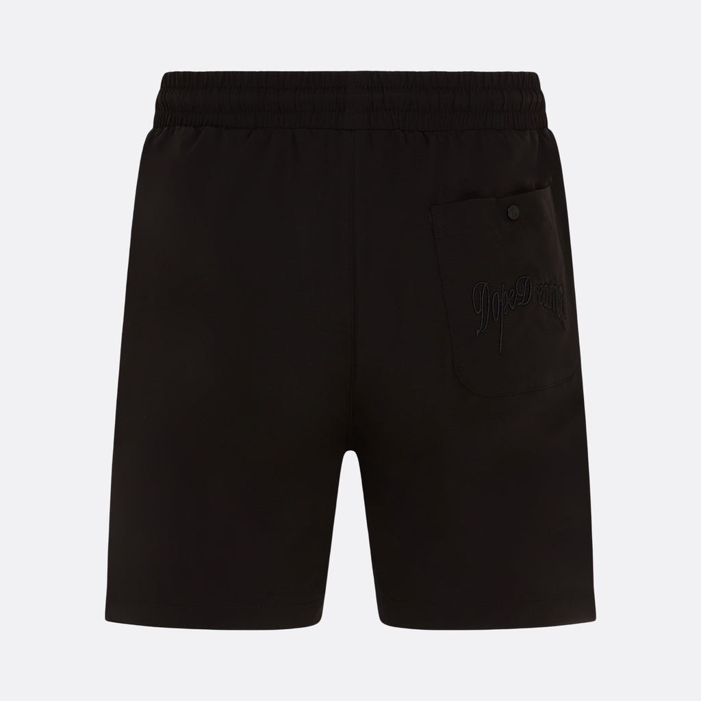     Black DopeDreamz Interlude Noir shorts back view with embroidered DopeDreamz logo on pocket
