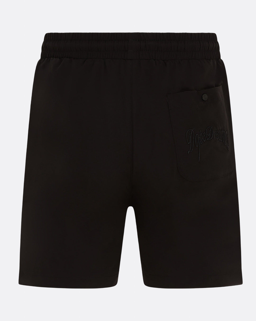     Black DopeDreamz Interlude Noir shorts back view with embroidered DopeDreamz logo on pocket