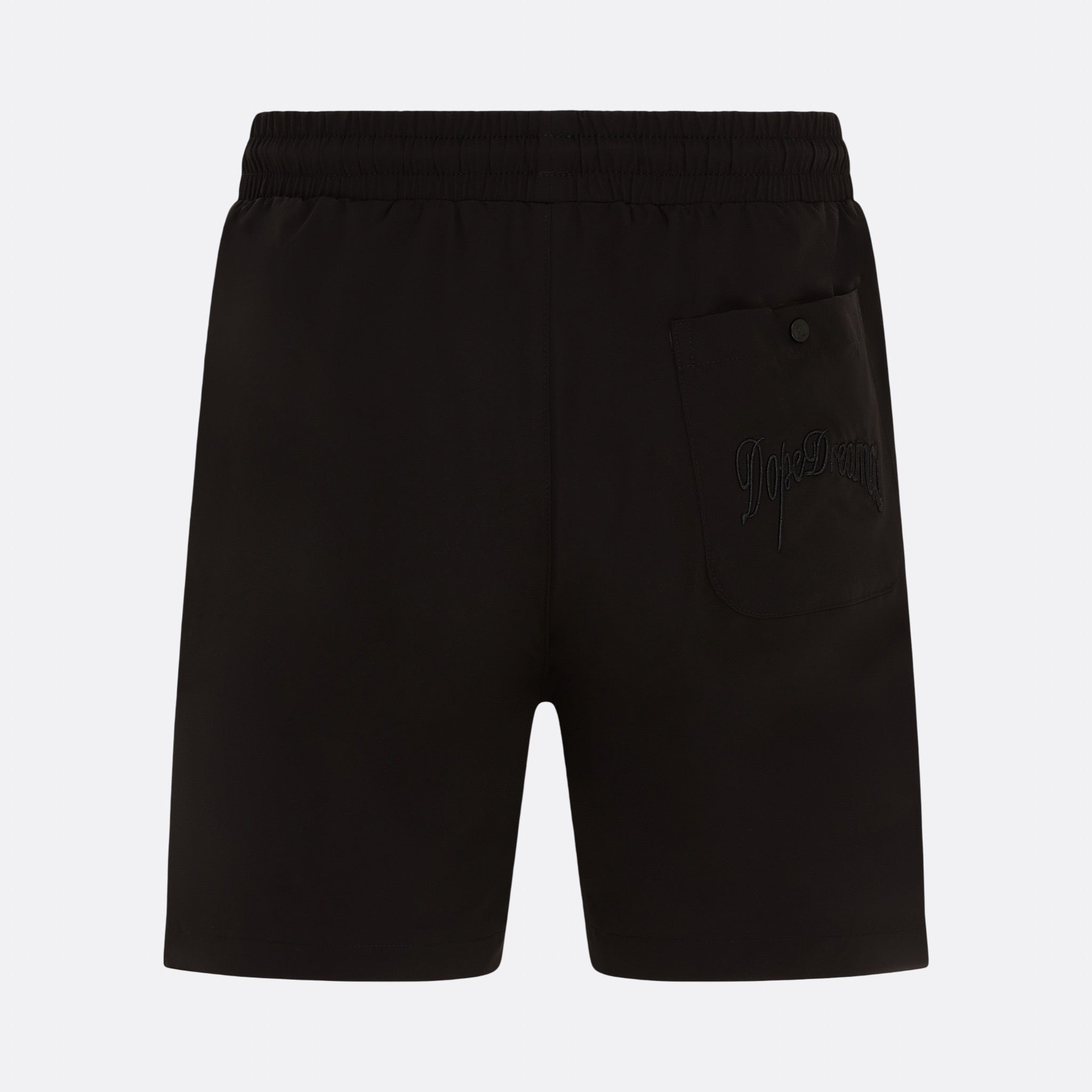     Black DopeDreamz Interlude Noir shorts back view with embroidered DopeDreamz logo on pocket