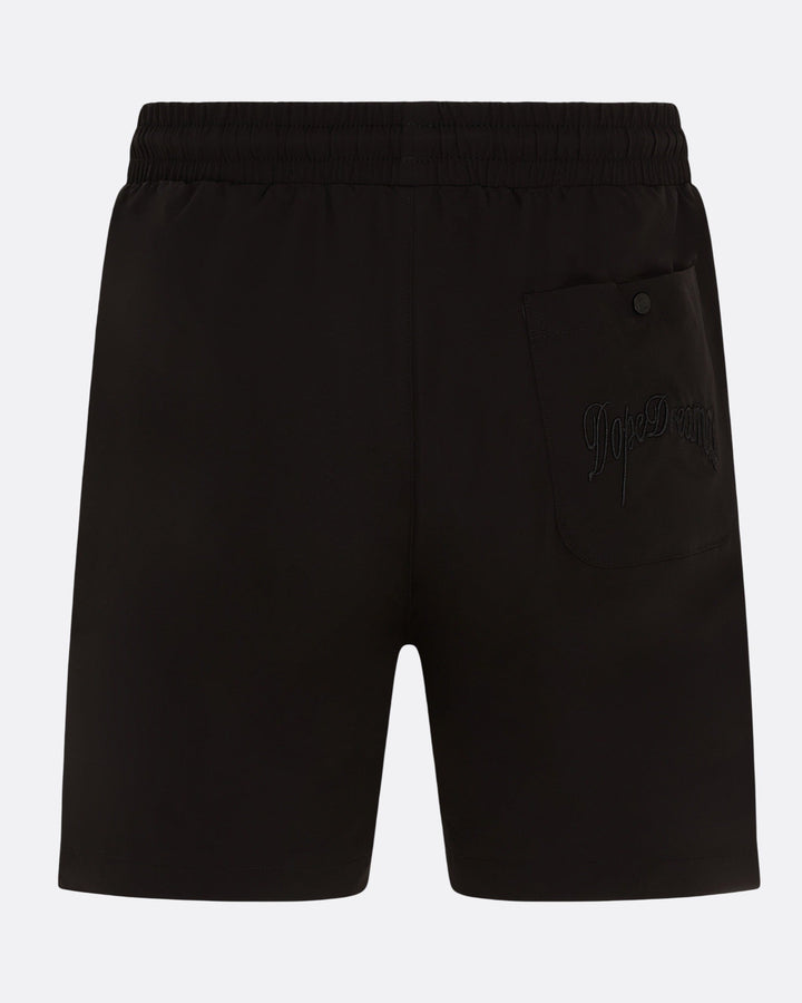     Black DopeDreamz Interlude Noir shorts back view with embroidered DopeDreamz logo on pocket