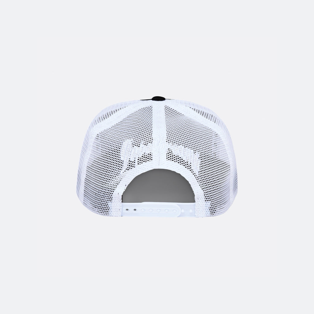Black and white DopeDreamz Interlude Noir trucker cap back view with white embroidered DopeDreamz logo and adjustable snapback closure