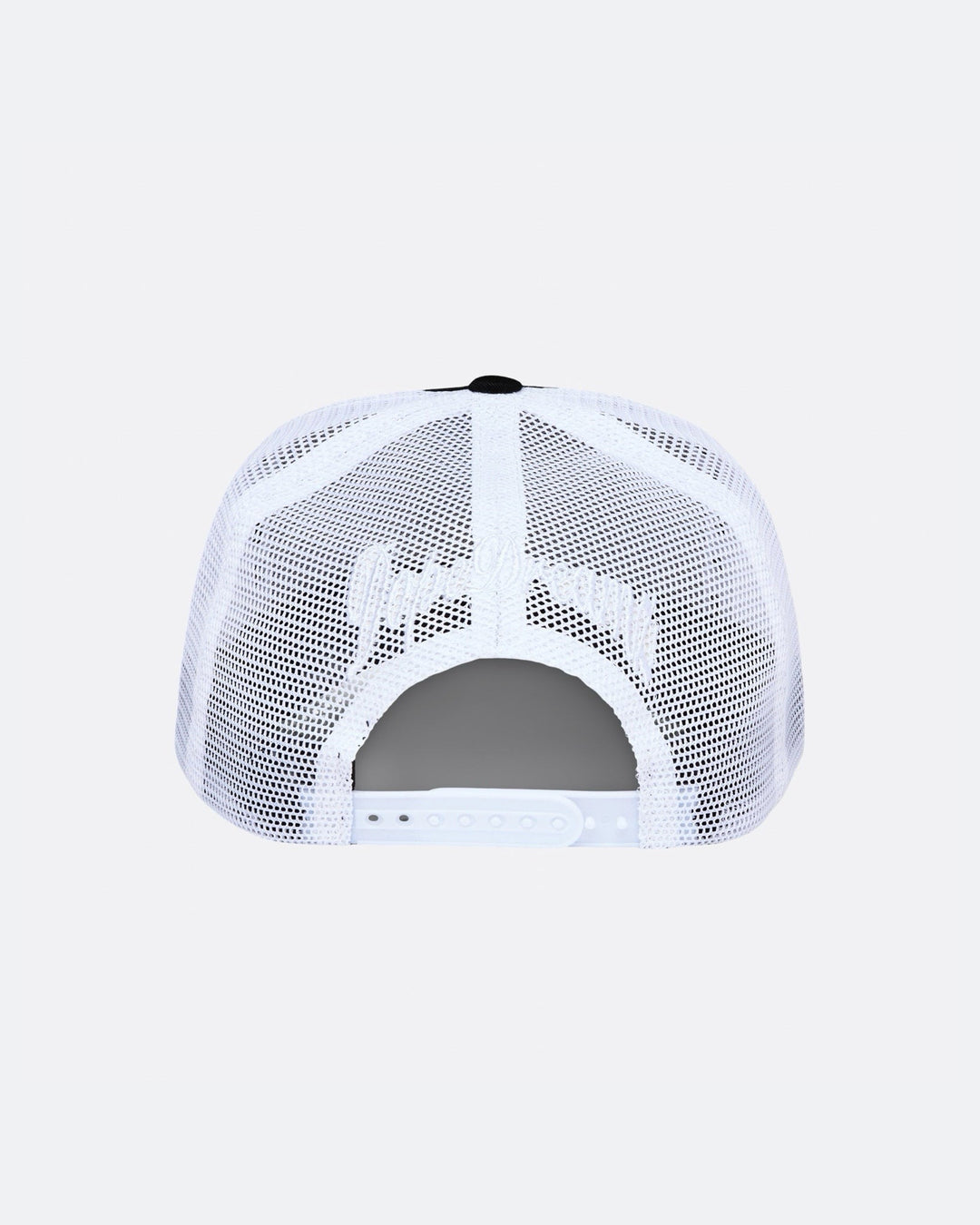 Black and white DopeDreamz Interlude Noir trucker cap back view with white embroidered DopeDreamz logo and adjustable snapback closure