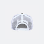 Black and white DopeDreamz Interlude Noir trucker cap back view with white embroidered DopeDreamz logo and adjustable snapback closure