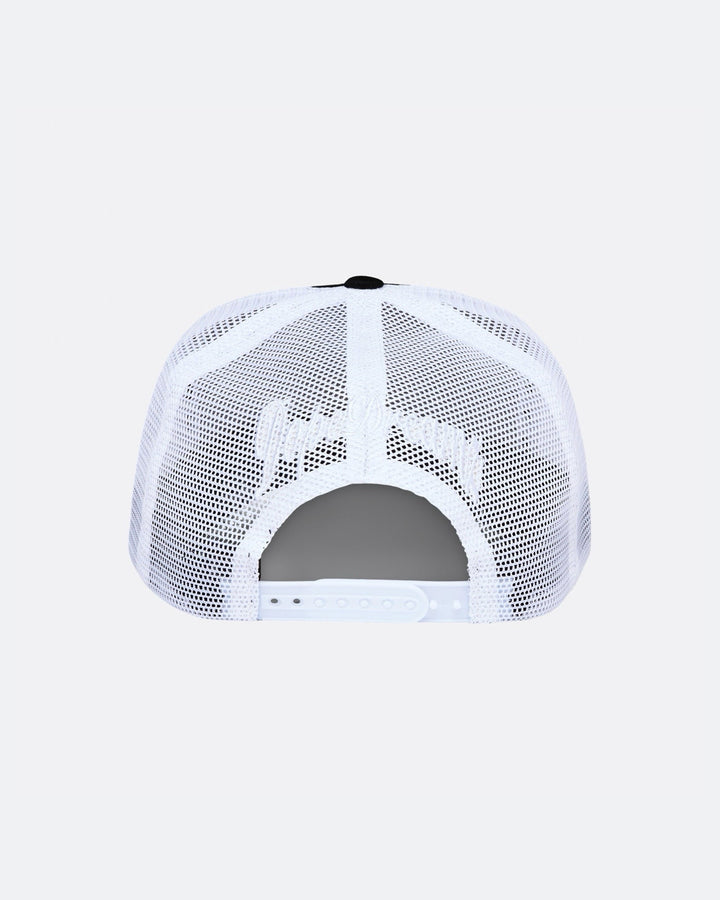 Black and white DopeDreamz Interlude Noir trucker cap back view with white embroidered DopeDreamz logo and adjustable snapback closure