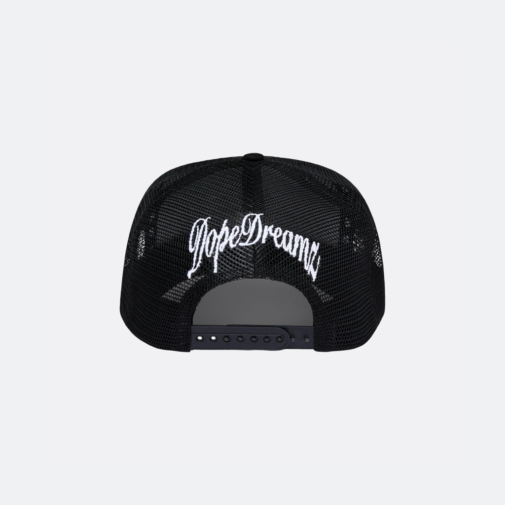 Black DopeDreamz Interlude Noir trucker cap back view with white embroidered DopeDreamz logo and adjustable snapback closure