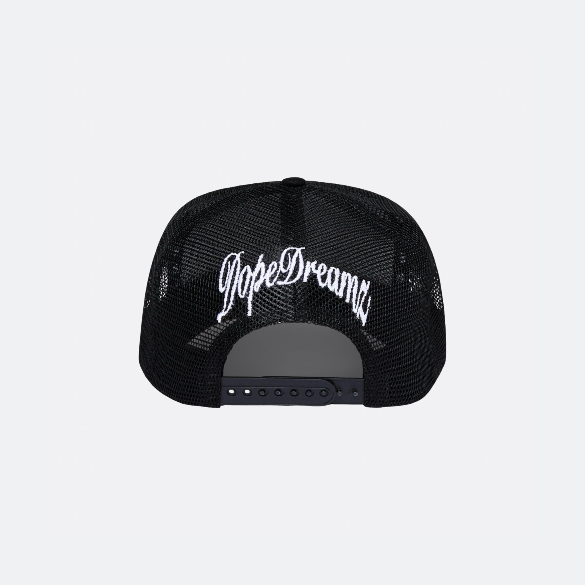 Black DopeDreamz Interlude Noir trucker cap back view with white embroidered DopeDreamz logo and adjustable snapback closure