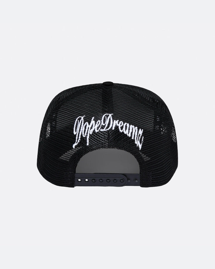 Black DopeDreamz Interlude Noir trucker cap back view with white embroidered DopeDreamz logo and adjustable snapback closure