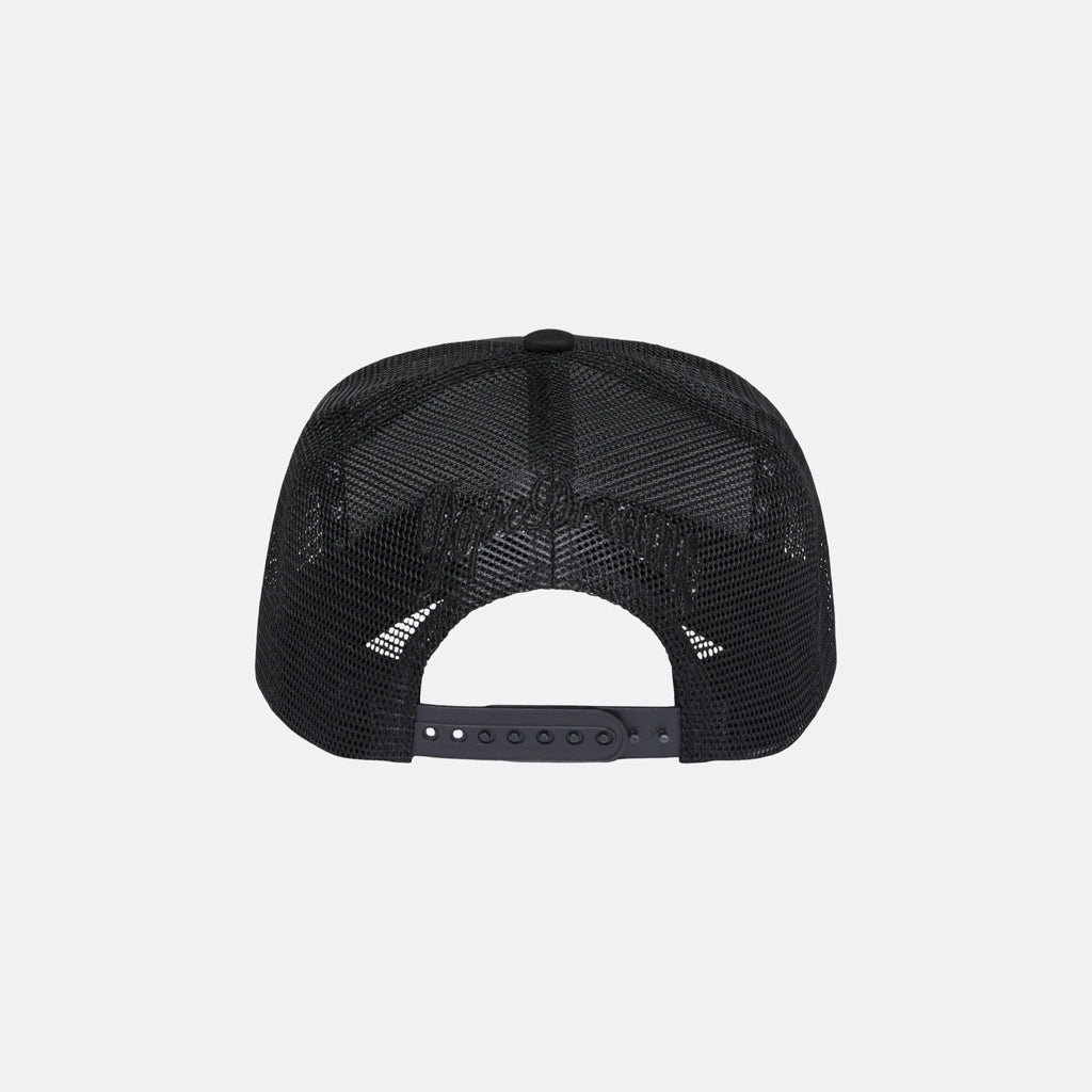 Black DopeDreamz Interlude Noir trucker cap back view with black embroidered DopeDreamz logo and adjustable snapback closure