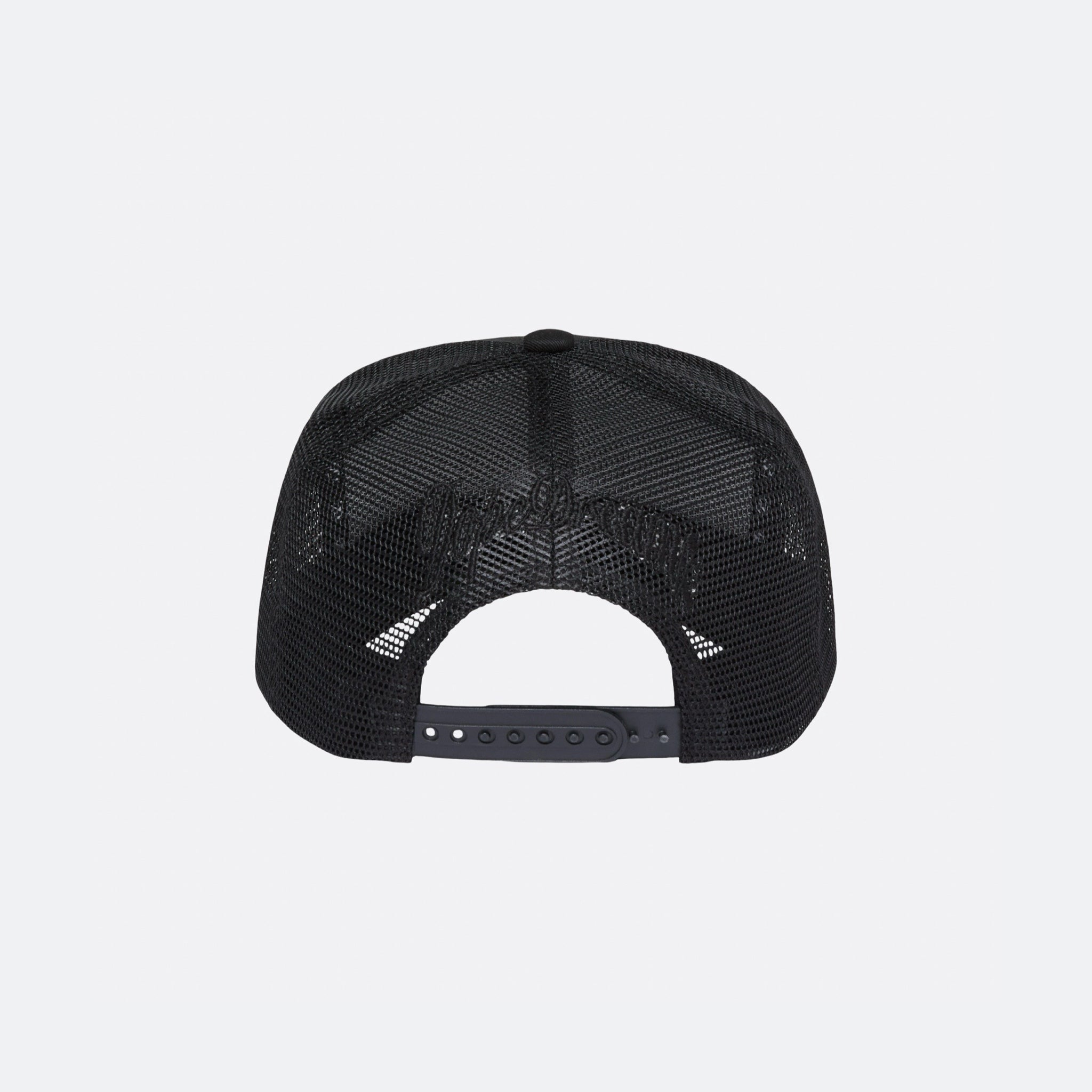 Black DopeDreamz Interlude Noir trucker cap back view with black embroidered DopeDreamz logo and adjustable snapback closure