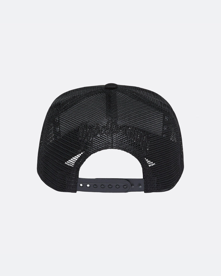 Black DopeDreamz Interlude Noir trucker cap back view with black embroidered DopeDreamz logo and adjustable snapback closure